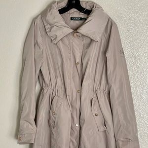 Ralph Lauren Size L tan jacket with gold buttons and zipper and hidden hood